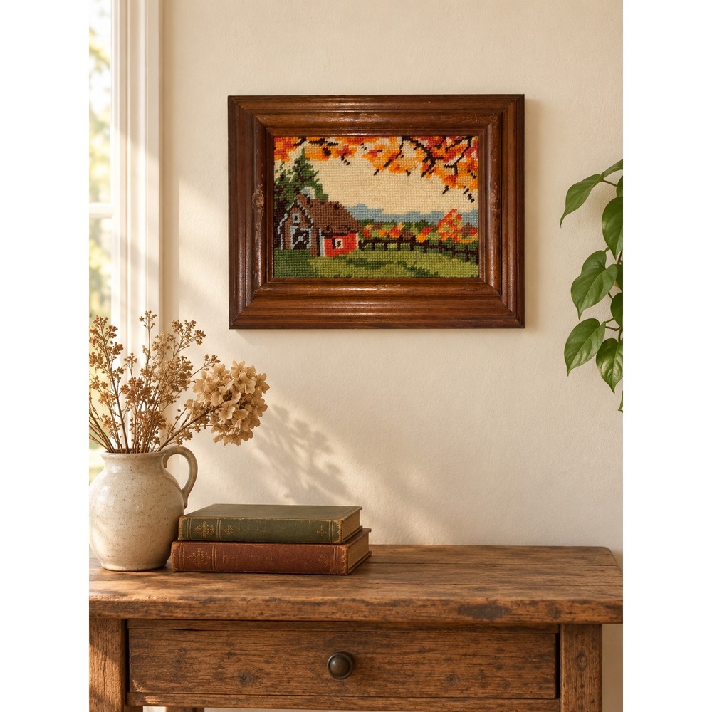 Vintage Needlepoint Country Cottage Landscape Framed Cottagecore Wall Art READ